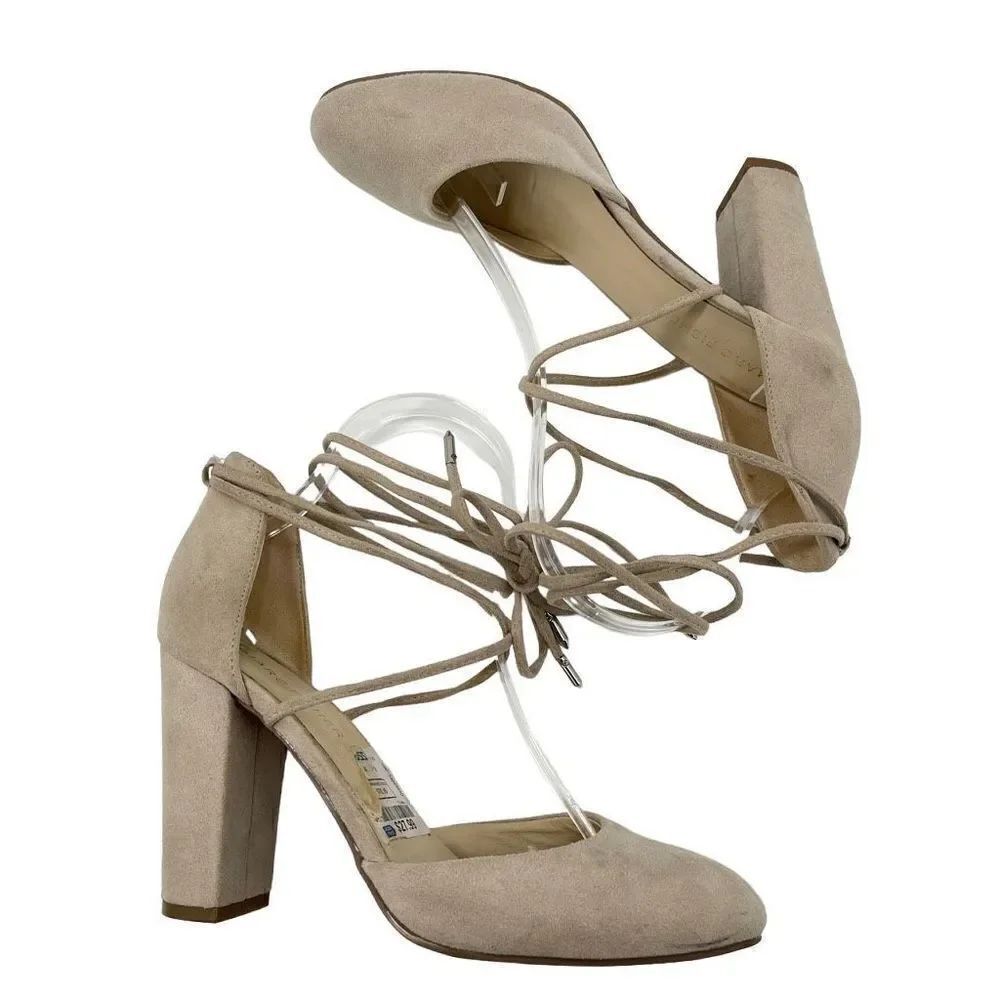 Marc Fisher Womens Pump 3.5" Block Heels Lace Up Suede Round Toe Tan Size 7M